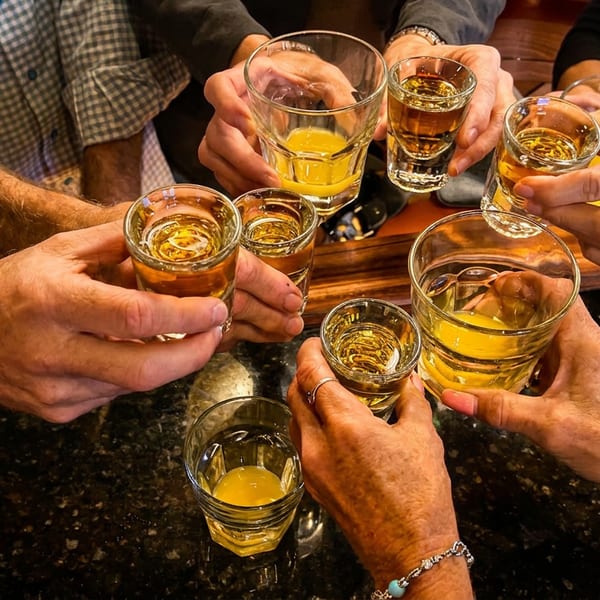 Multiple hands holding up shot glasses and tumblers filled with amber and yellow liquids for a toast.