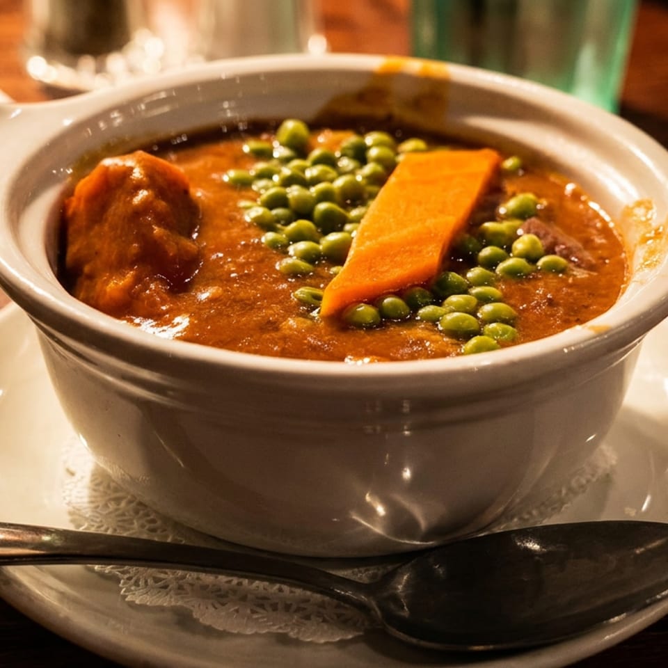 Hearty stew with peas and carrots in a white bowl on a wooden table with a spoon.