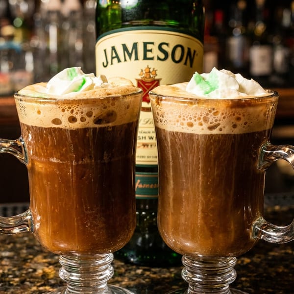 Two Irish coffees with whipped cream and green sprinkles, with a Jameson bottle in the background.