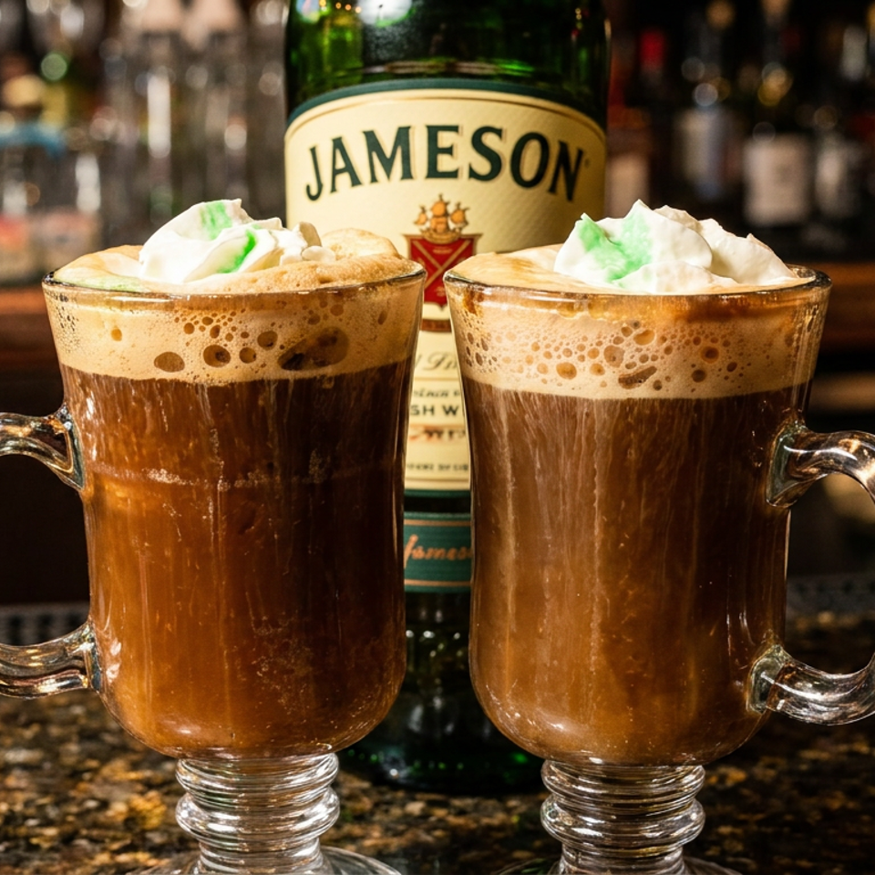 Two Irish coffees with whipped cream and green sprinkles, with a Jameson bottle in the background.