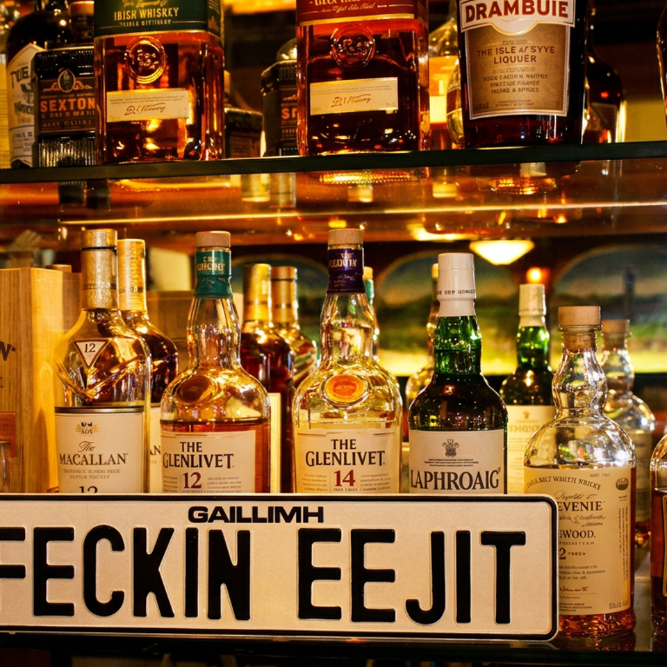 A bar shelf filled with various whiskey and liquor bottles, with a "FECKIN EEJIT" sign in front.