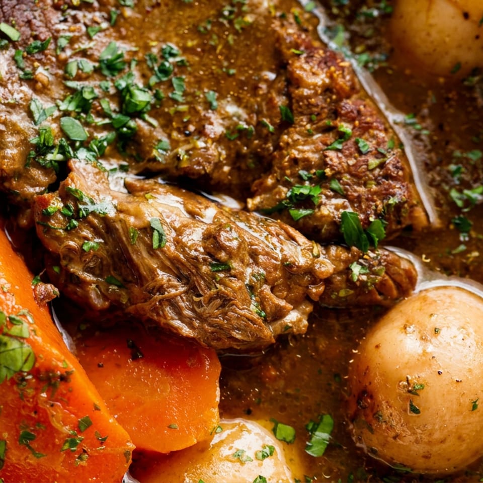 Close-up of savory pot roast with baby potatoes and carrots, garnished with fresh parsley.