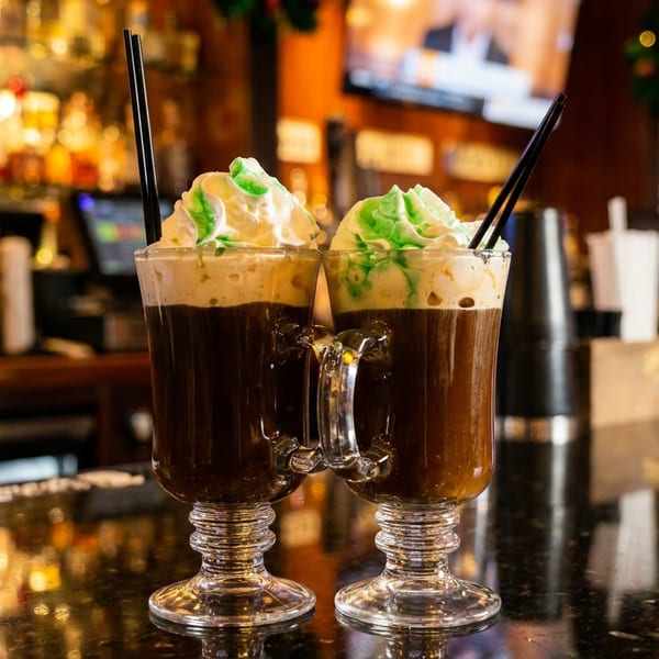 Two Irish coffee mugs with whipped cream and green drizzle sit on a bar counter.