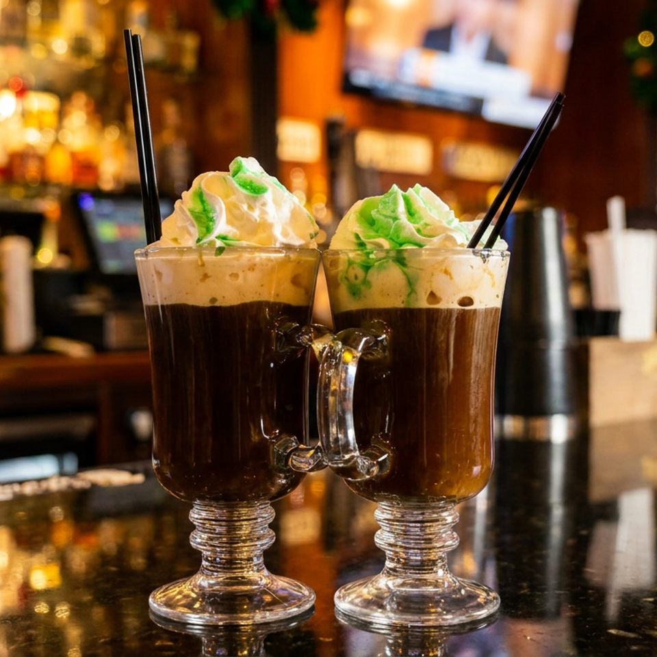 Two Irish coffee mugs with whipped cream and green drizzle sit on a bar counter.