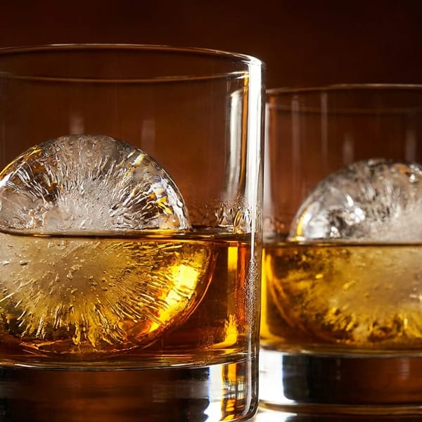 Two glasses of whiskey with large spherical ice cubes, with a bottle blurred in the background.