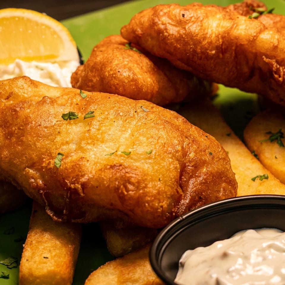 Golden-brown fish and chips with tartar sauce, coleslaw, and a lemon wedge on a green plate.