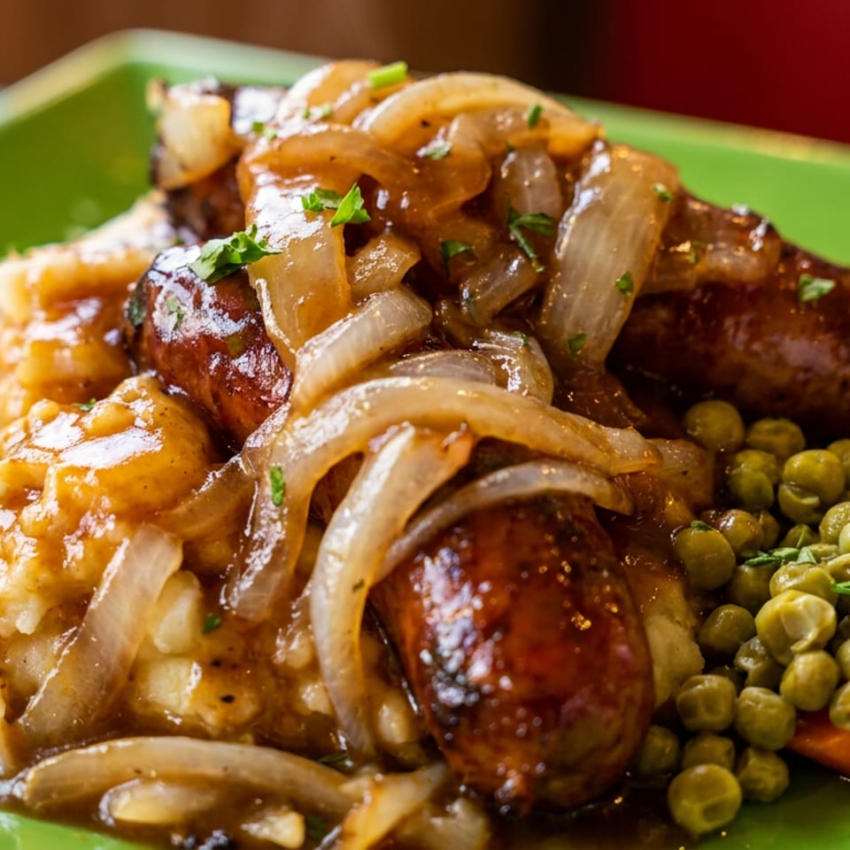 Bangers and mash with gravy, caramelized onions, and a side of peas and carrots.